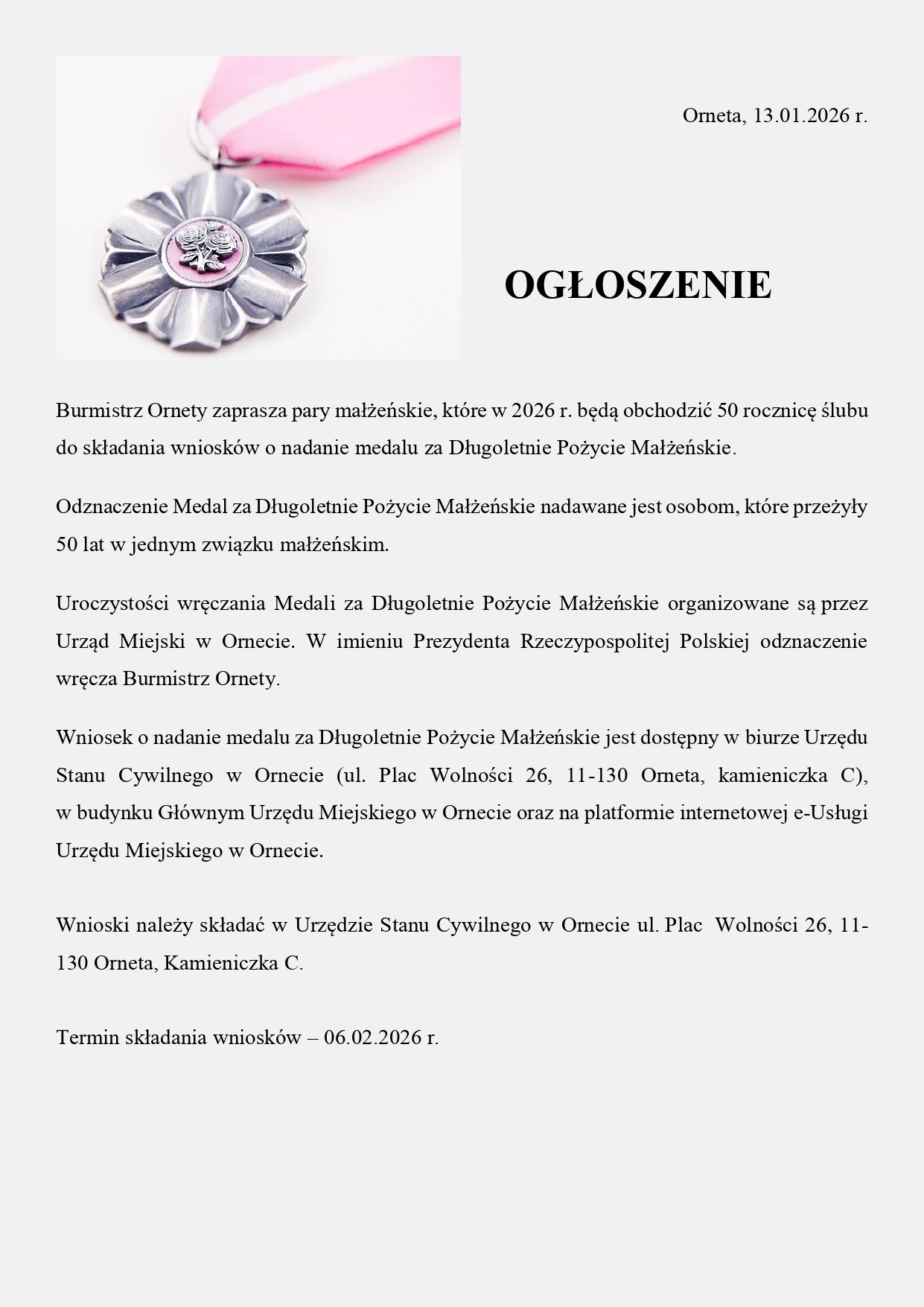 Ogłoszenie - 50-lecie małżeństwa